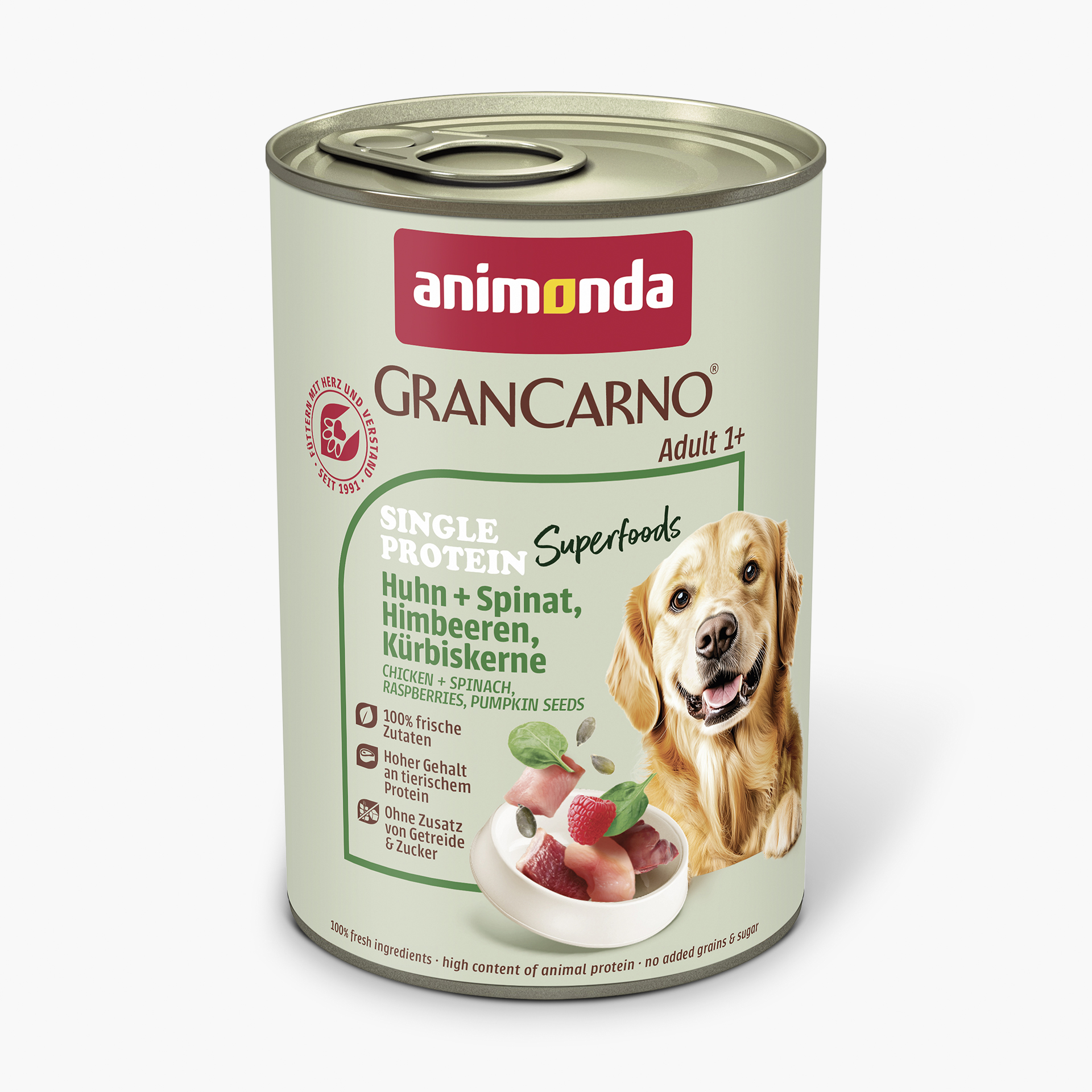 82435 animonda GranCarno Adult Superfoods Huhn und Spinat  Himbeeren  Kuerbiskerne Hund Nassfutter