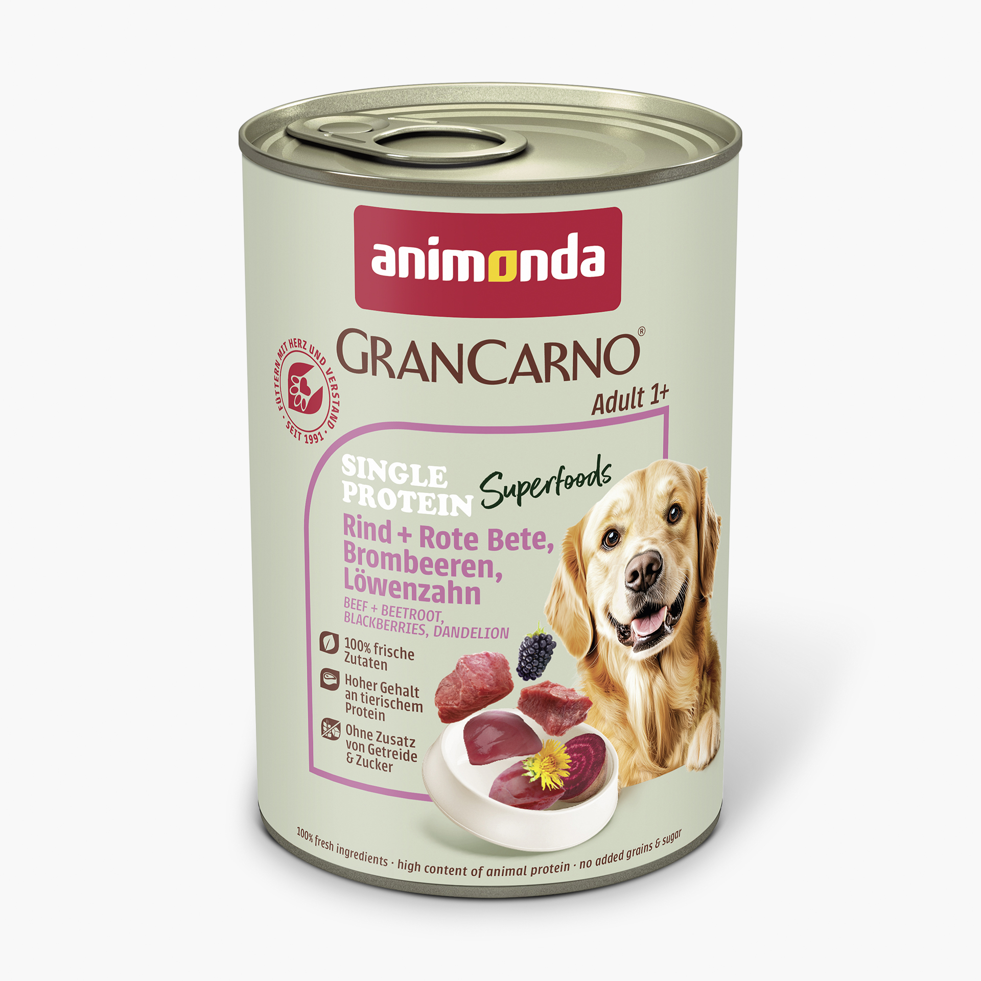 82436 animonda GranCarno Adult Superfoods Rind und Rote Bete  Brombeeren  Loewenzahn Hund Nassfutter